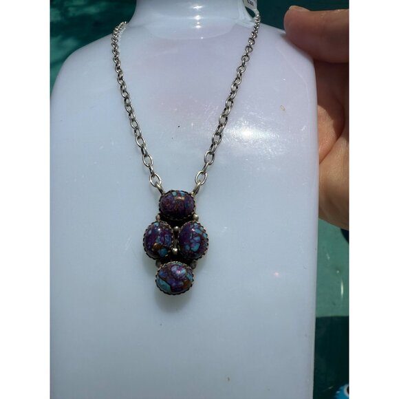 Artisan Sterling Silver Cluster Purple Mojave Turquoise Coper Chunky Necklace - Picture 2 of 13